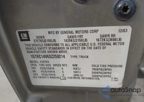 2003 GMC Sierra 1500 from USA, damaged, VIN 1GTEC14V63Z259214
